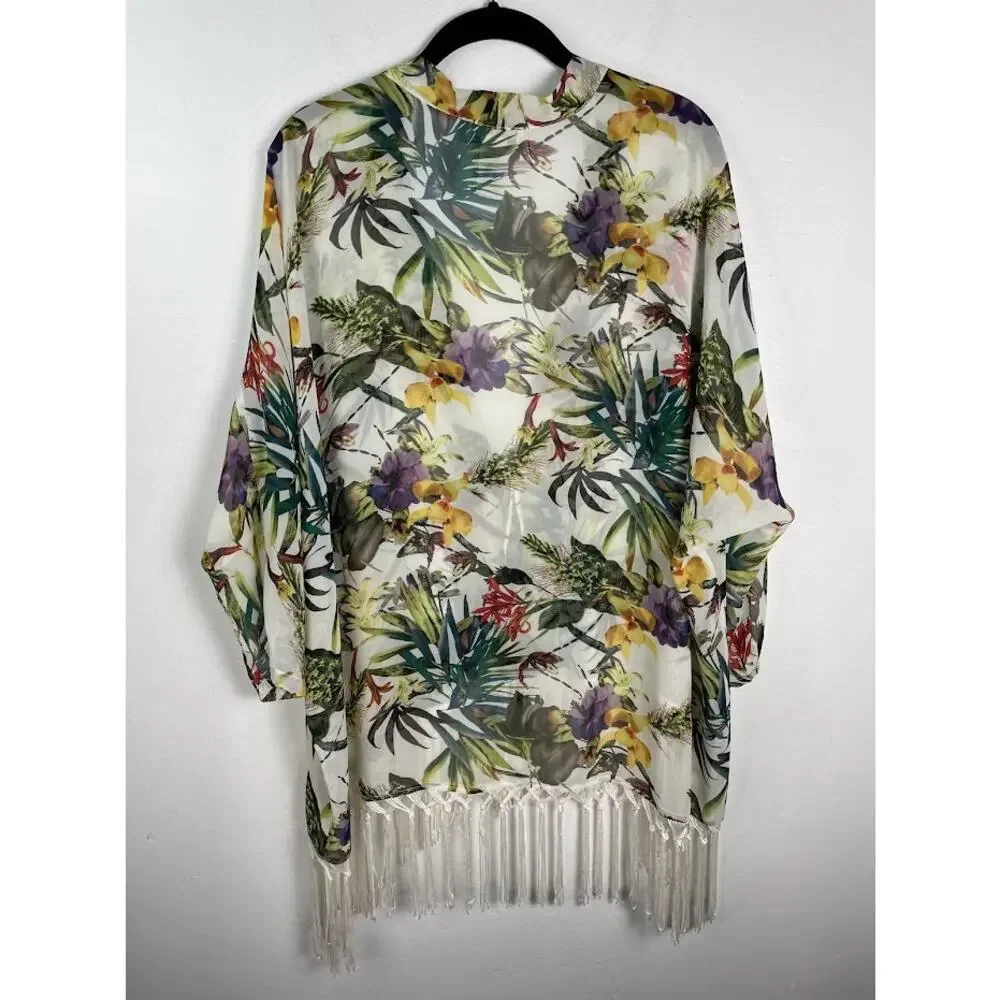 Swimsuit Coverup Tropical Floral Beach Kimono Womens Small Open Over Sized Top